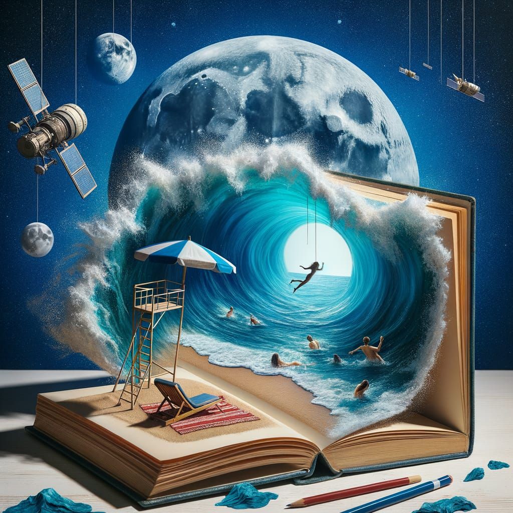 Surreal Moonlit Scene with Cutout Satellite and Beach Book