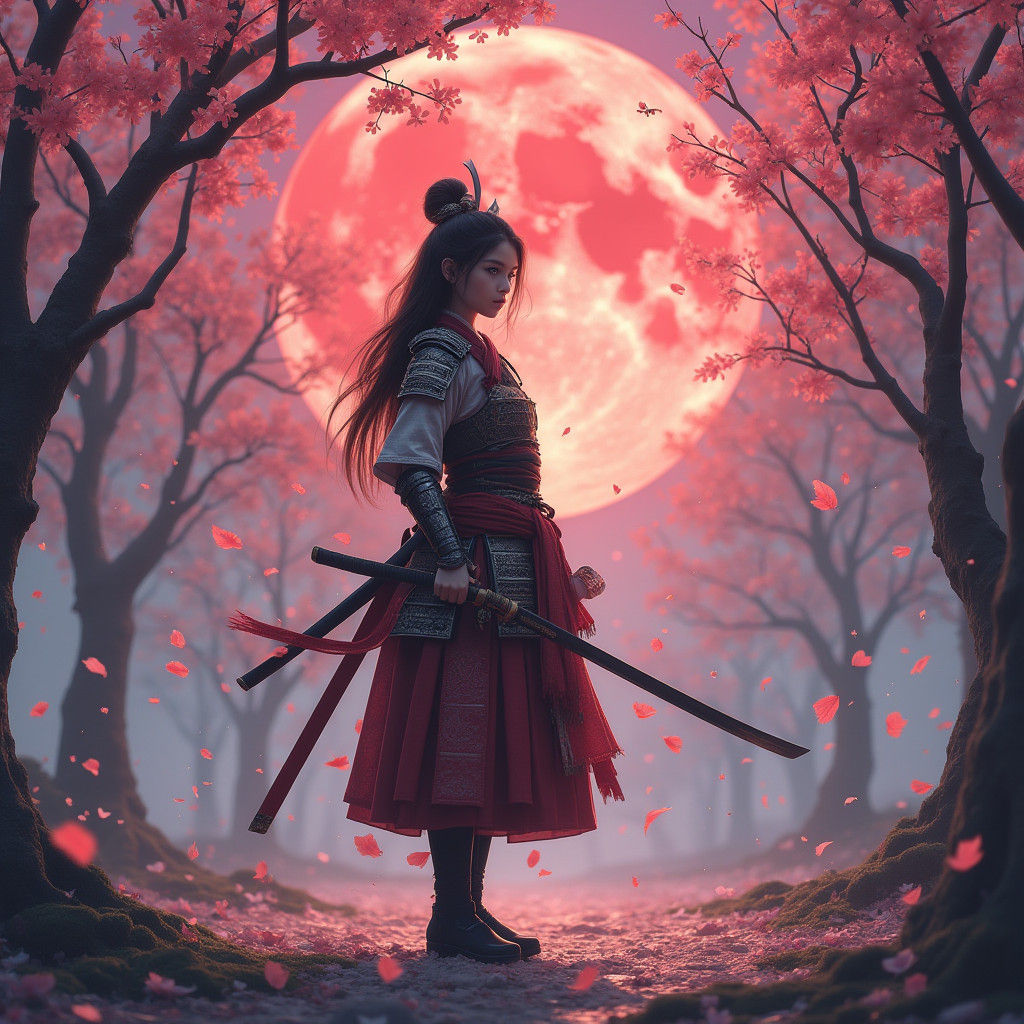 Samurai Girl in Blossom Season: Matte Painting