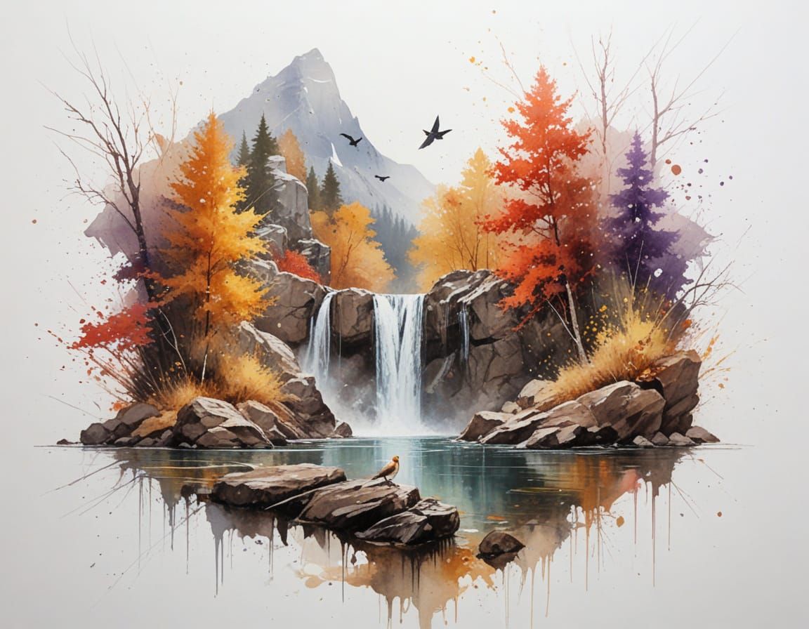 Autumn Waterfall Serenity: Painterly Realism Landscape
