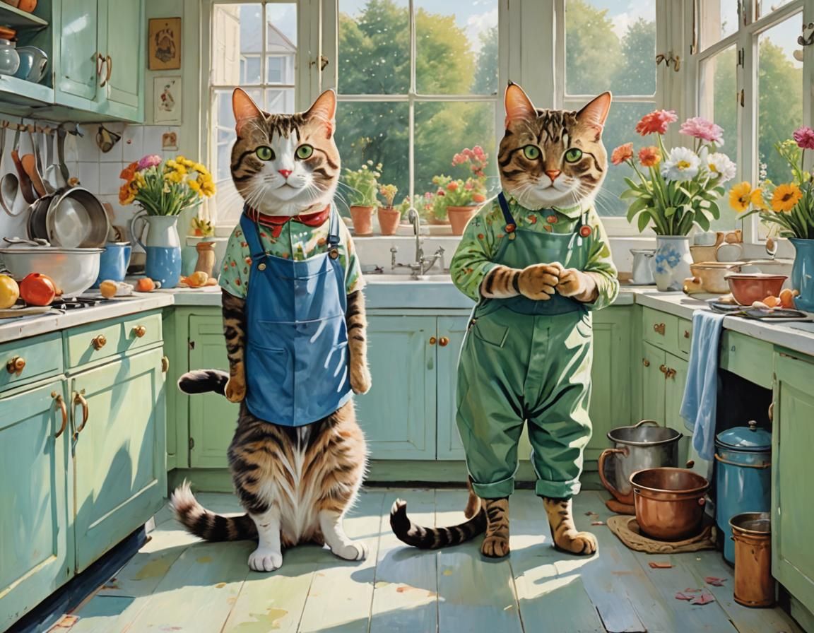 Cats in Kitchen, Wallace Tripp Style Abstract Art