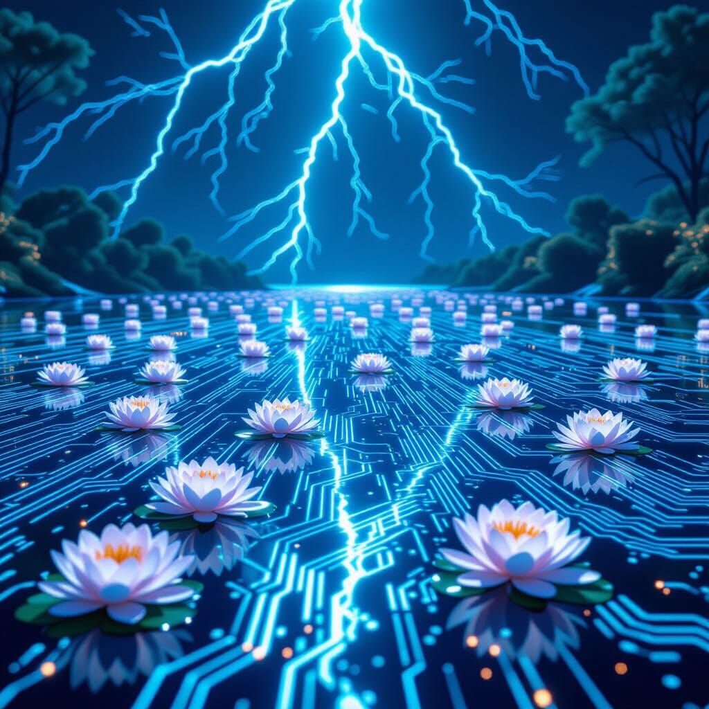 Serene Circuit Lake with Code Lightning
