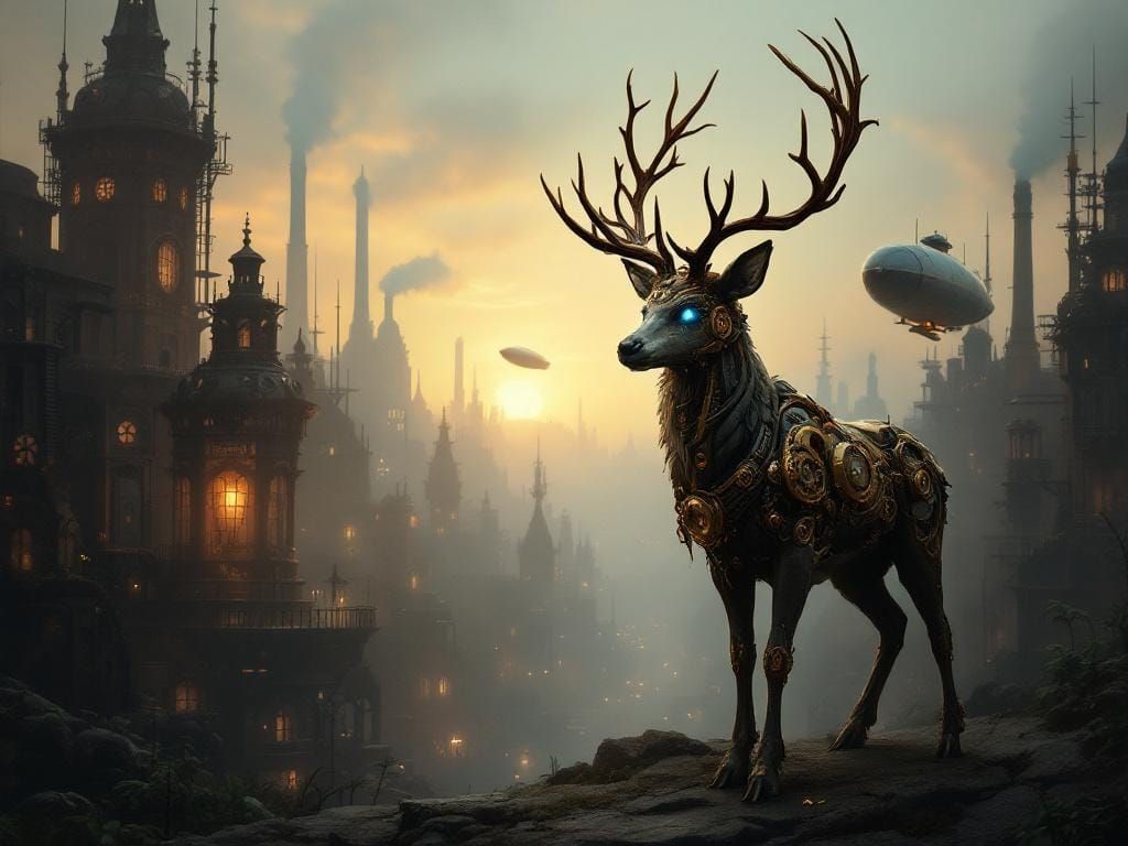 Steampunk Deer in Victorian Cityscape