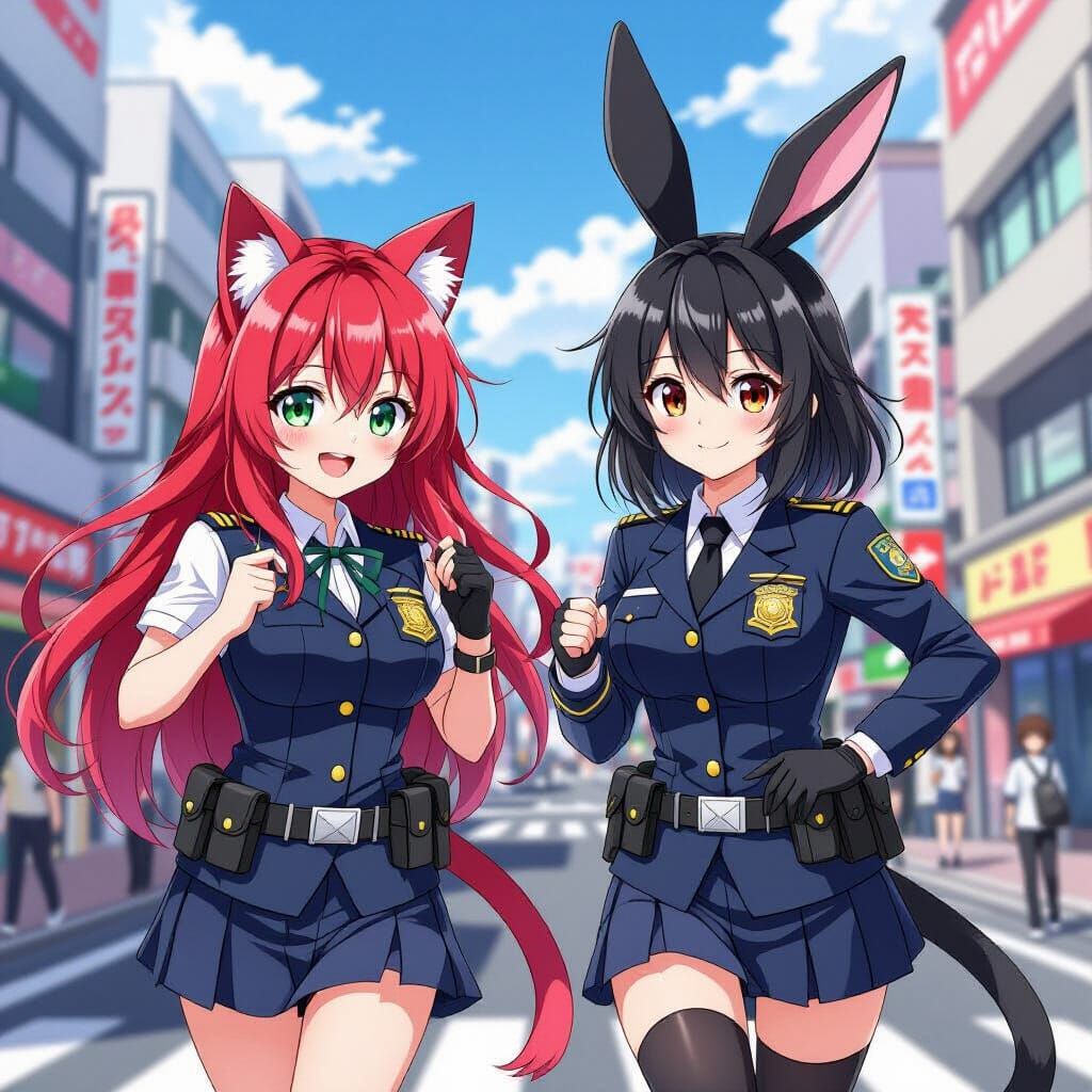 Kemonomimi Police Chase in Vibrant Anime Style