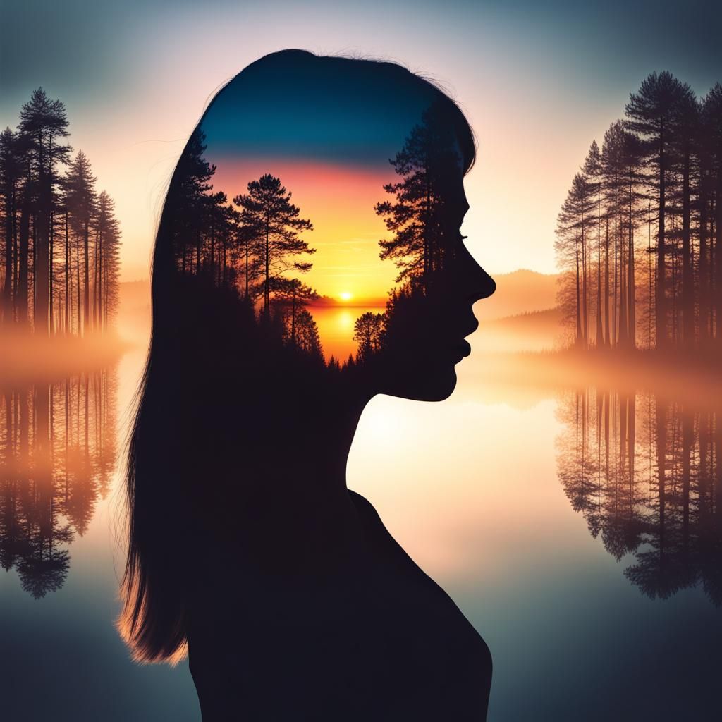 Double Exposure Lady and Sunset Landscape