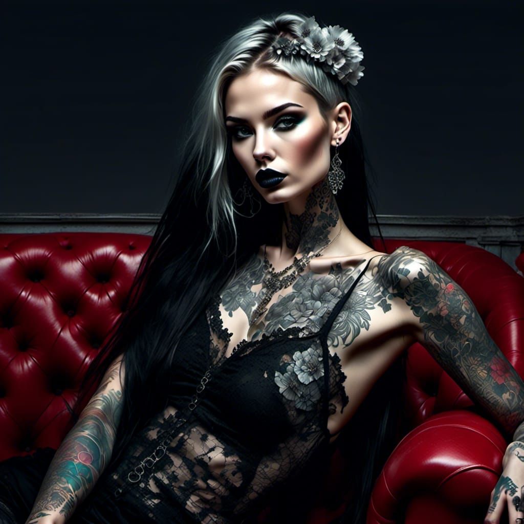 Gothic Woman with Lace Flowers in Grunge Style