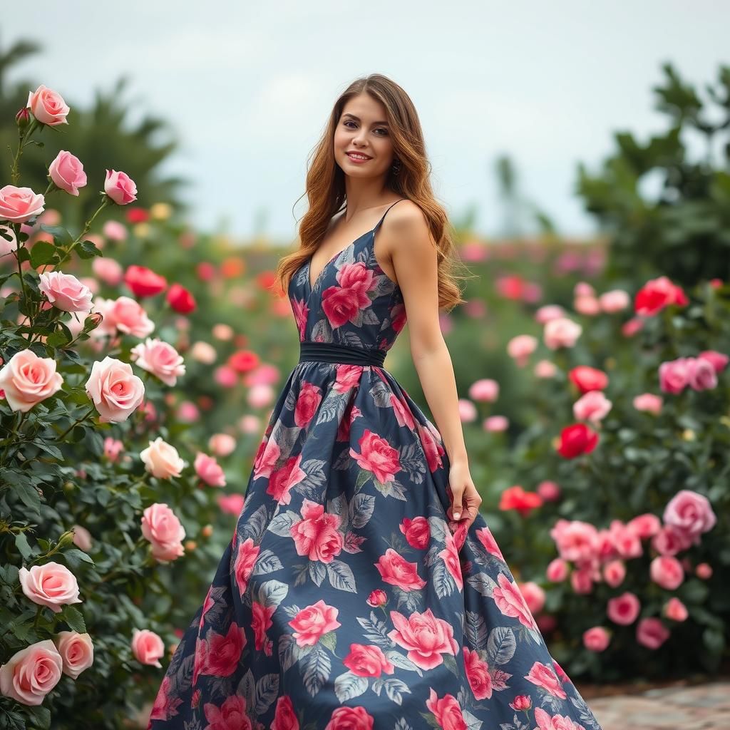 Woman in Floral Latex Dress in Rose Garden