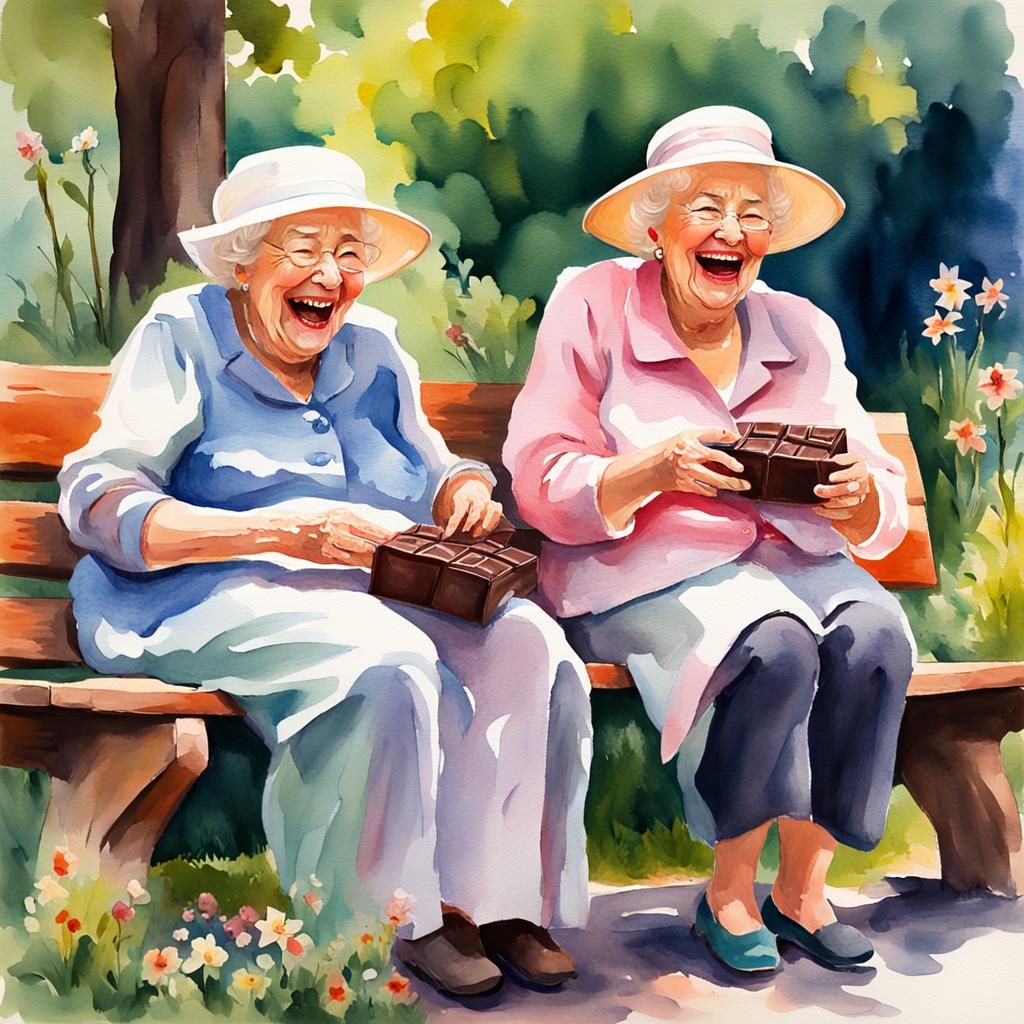 Laughing Ladies Enjoying Chocolate in Watercolor Style