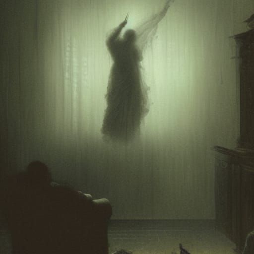 Eerie Ghostly Figure in Living Room, Horror Art