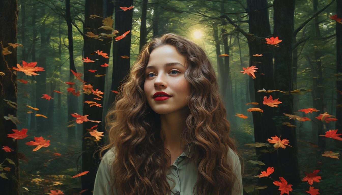 Hyperrealistic Forest Lady with Red Lipstick Portrait