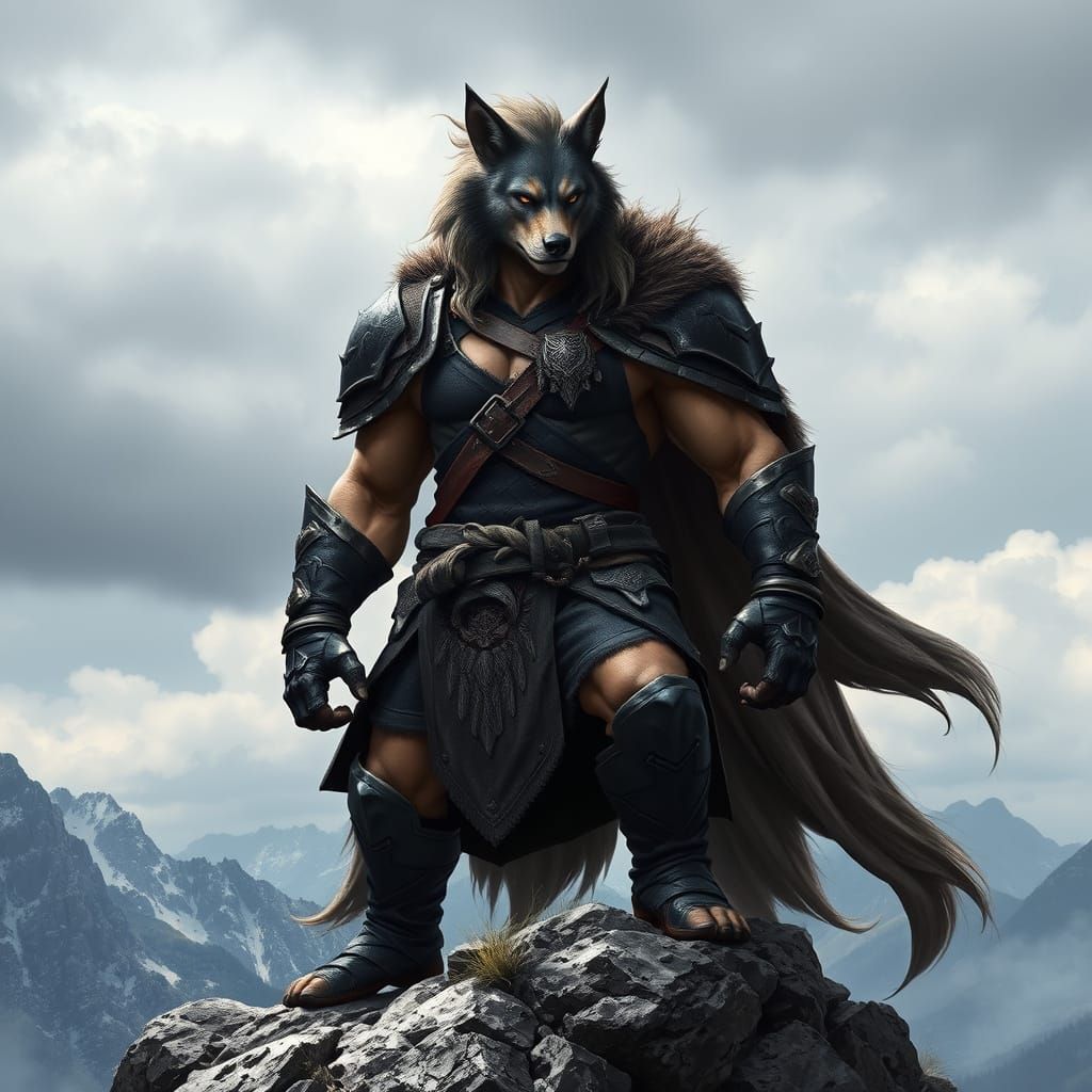 Mighty Warrior in Dark Armor Stands atop Rocky Peak