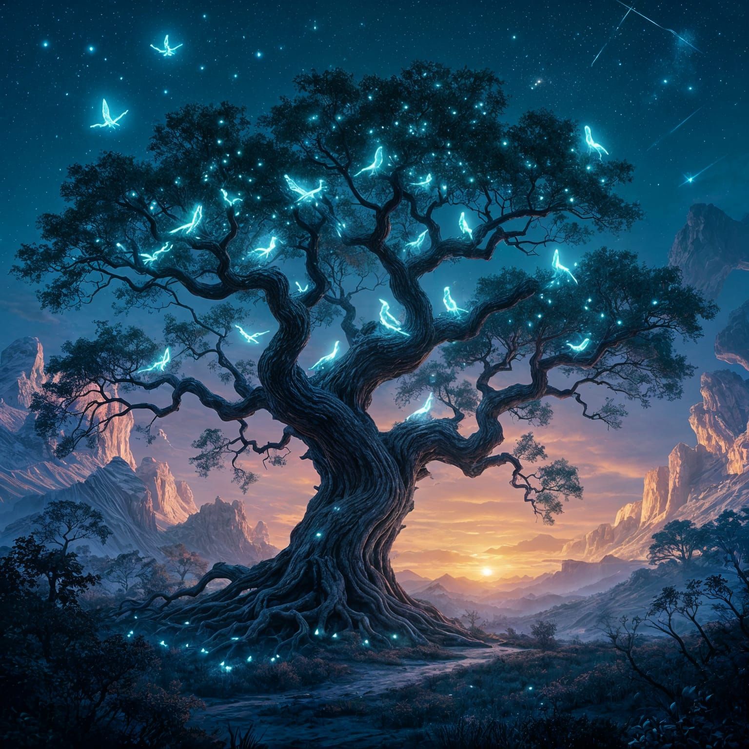 Bioluminescent Birds Adorn Ancient Tree: Fantasy Concept Art
