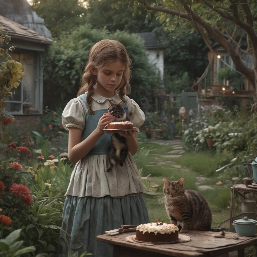 Girl Bakes Cake in an Enchanting Yard
