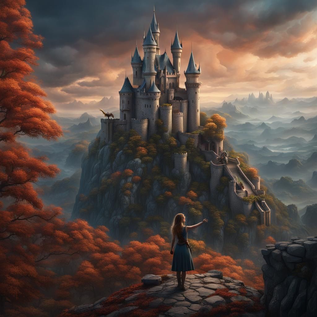 Fantasy Castle With Dragon and Girl, Detailed Art
