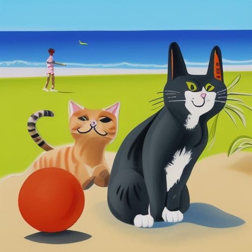 Joyful Cat and Dog Playing Ball on Beach