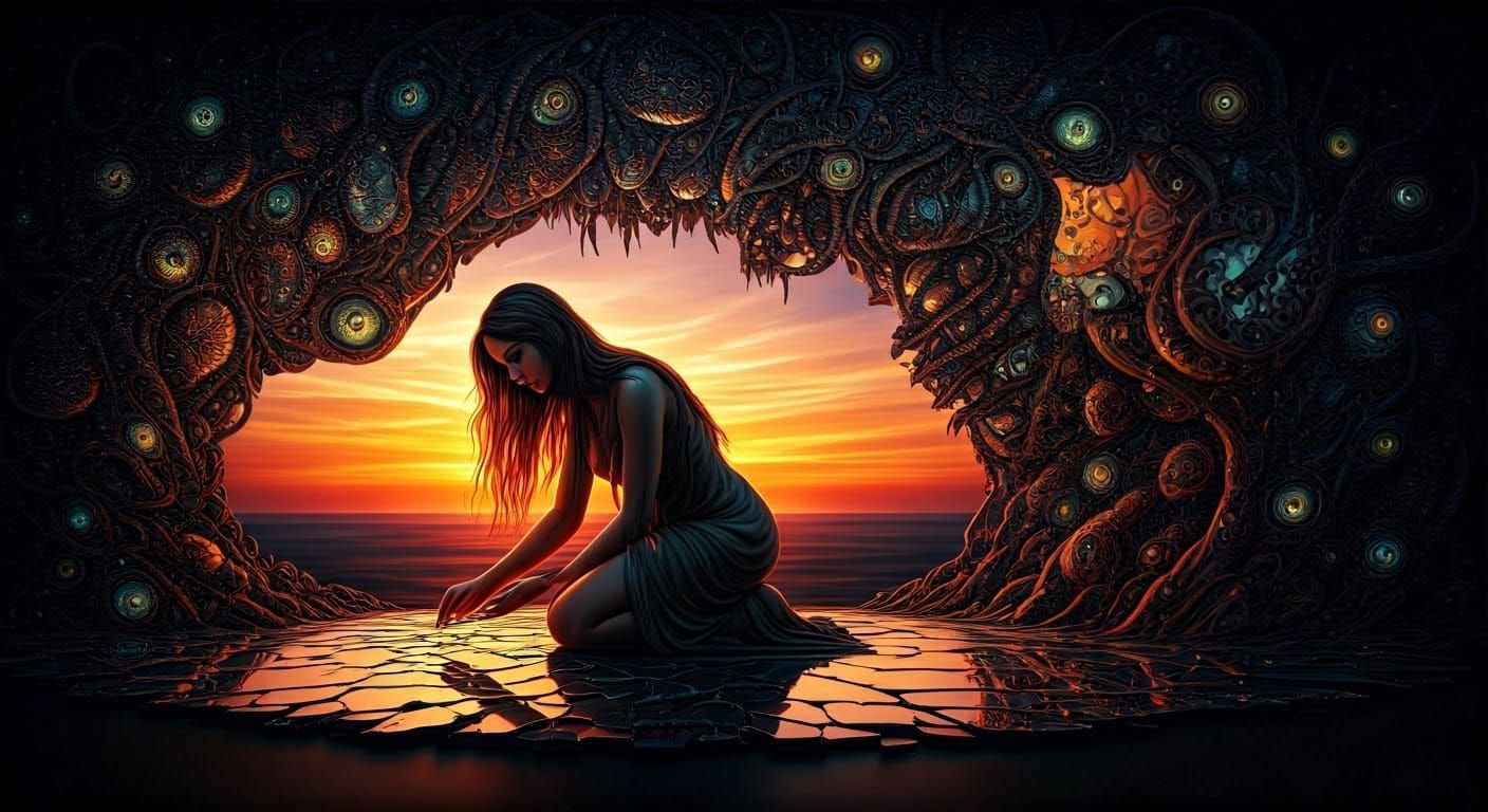 Surreal Bio Art: Woman, Sunset, Cracked Mirrors