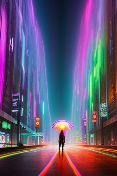 Cyborg Sorceress with Neon Umbrella in Cyberpunk City