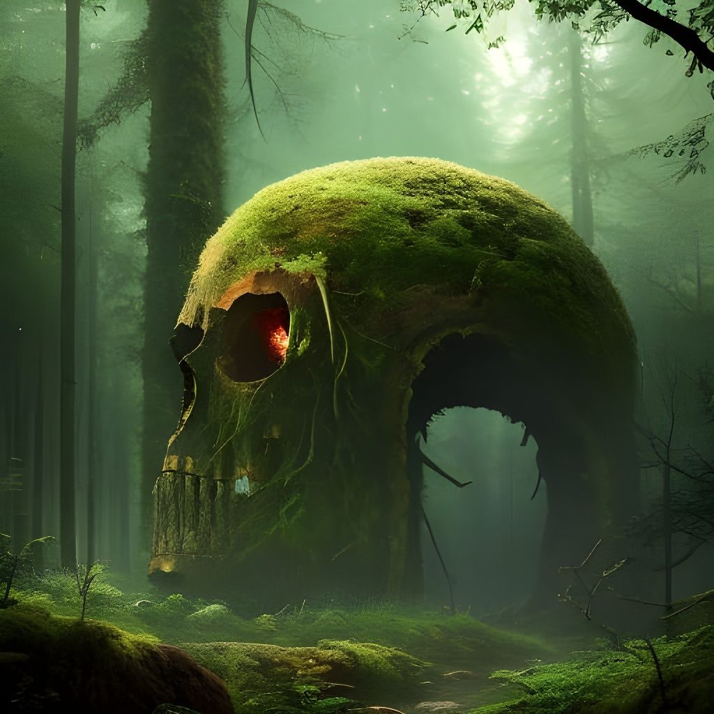 Overgrown Skull in Forest: Digital Mixed Media Painting