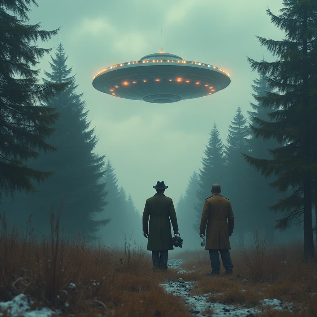 UFO Sighting in Spruce Forest with Vintage Camera