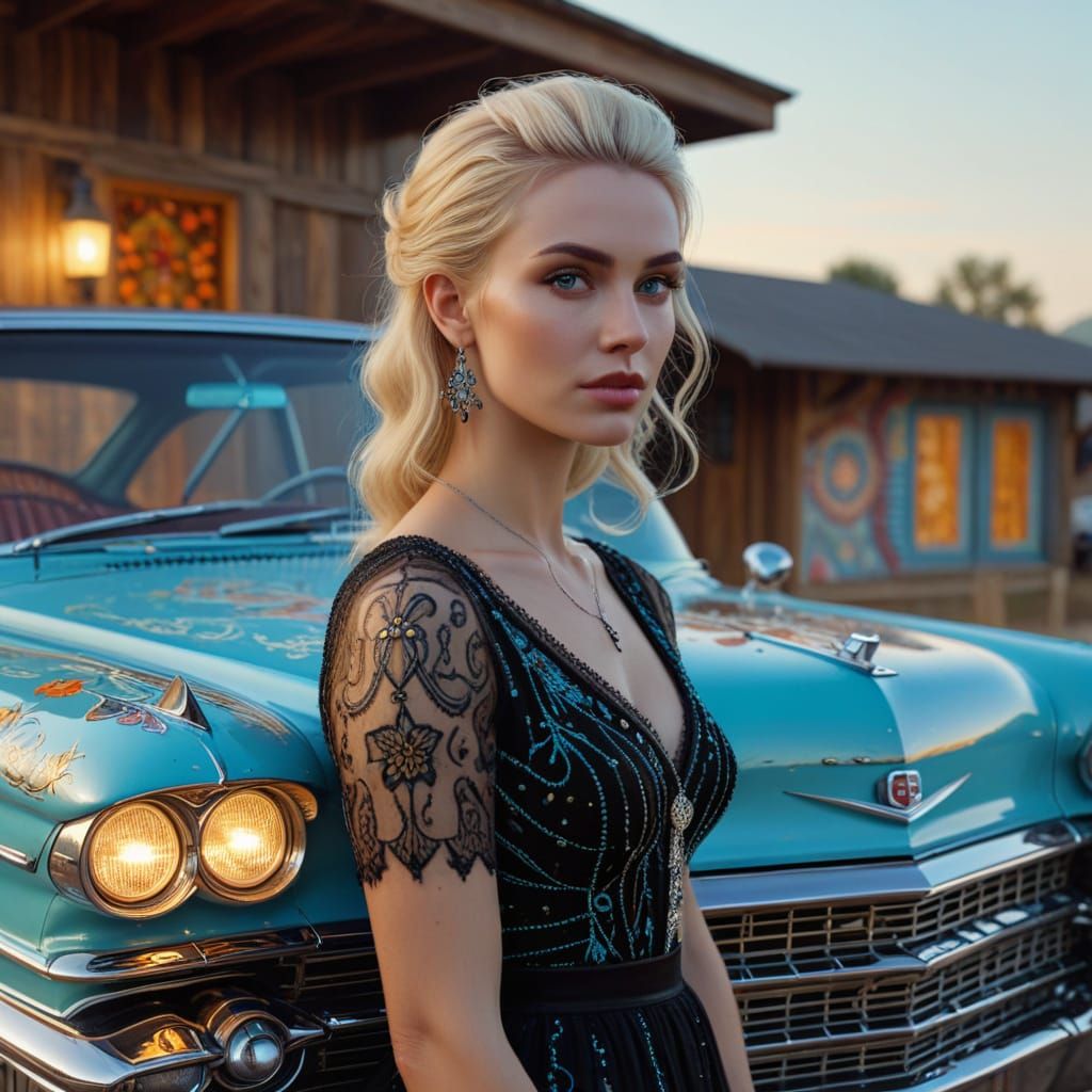 Blonde Goth with Cadillac in Folk-Art Style