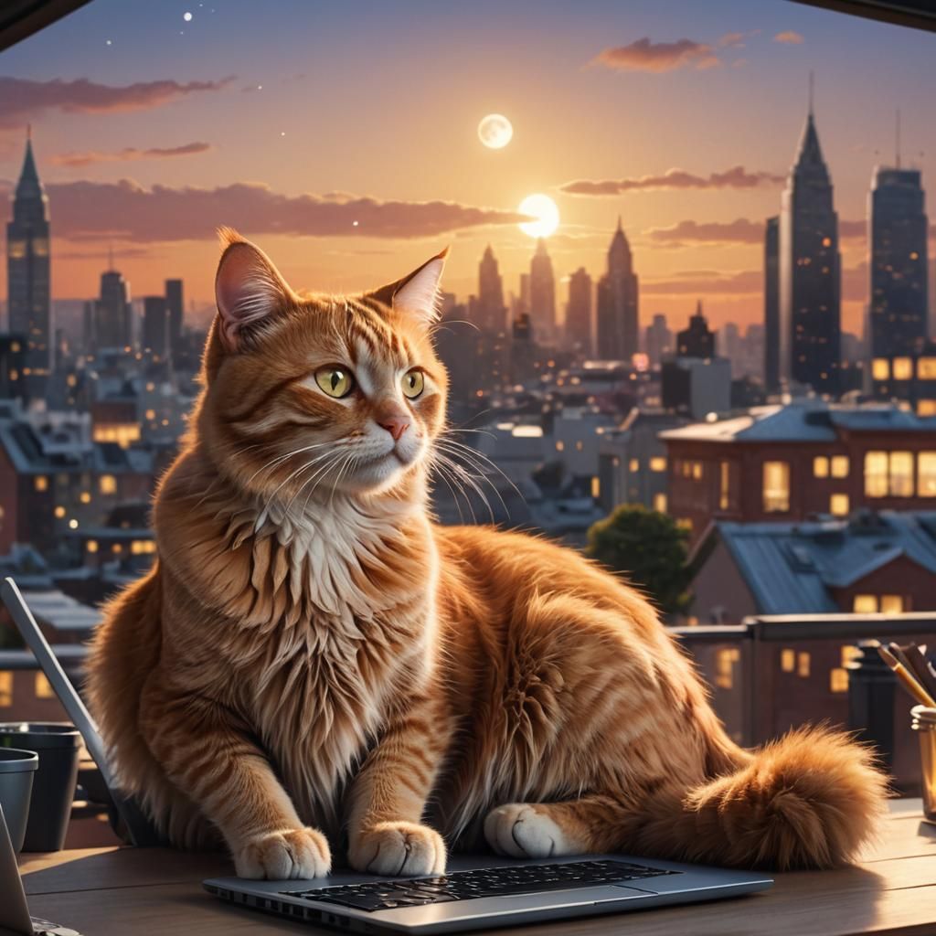 Ginger Cat Working at Sunset: Hyperrealistic Digital Art