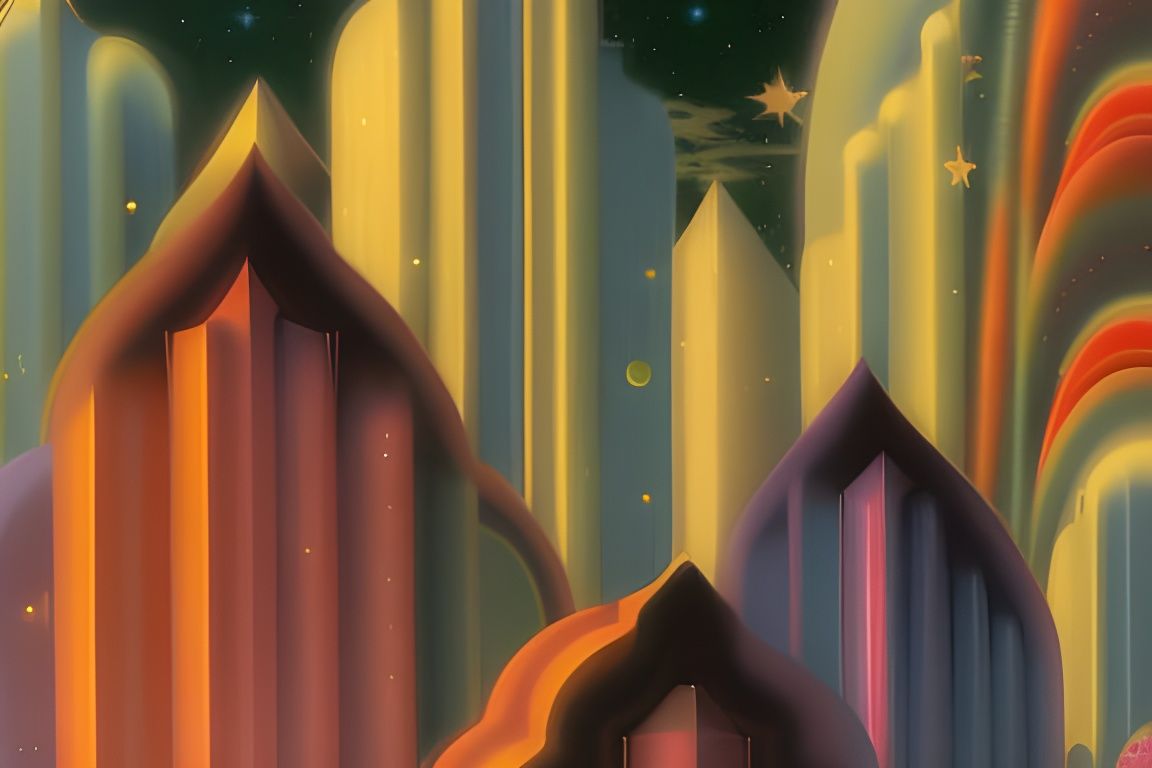 Submarine City at Sunset Moonrise in Art Nouveau Style