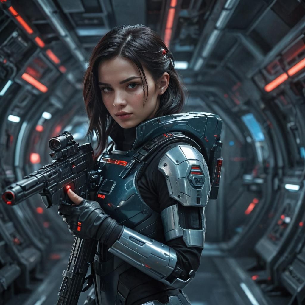 Sci-Fi Woman with Assault Rifle in Retrofuturistic Space