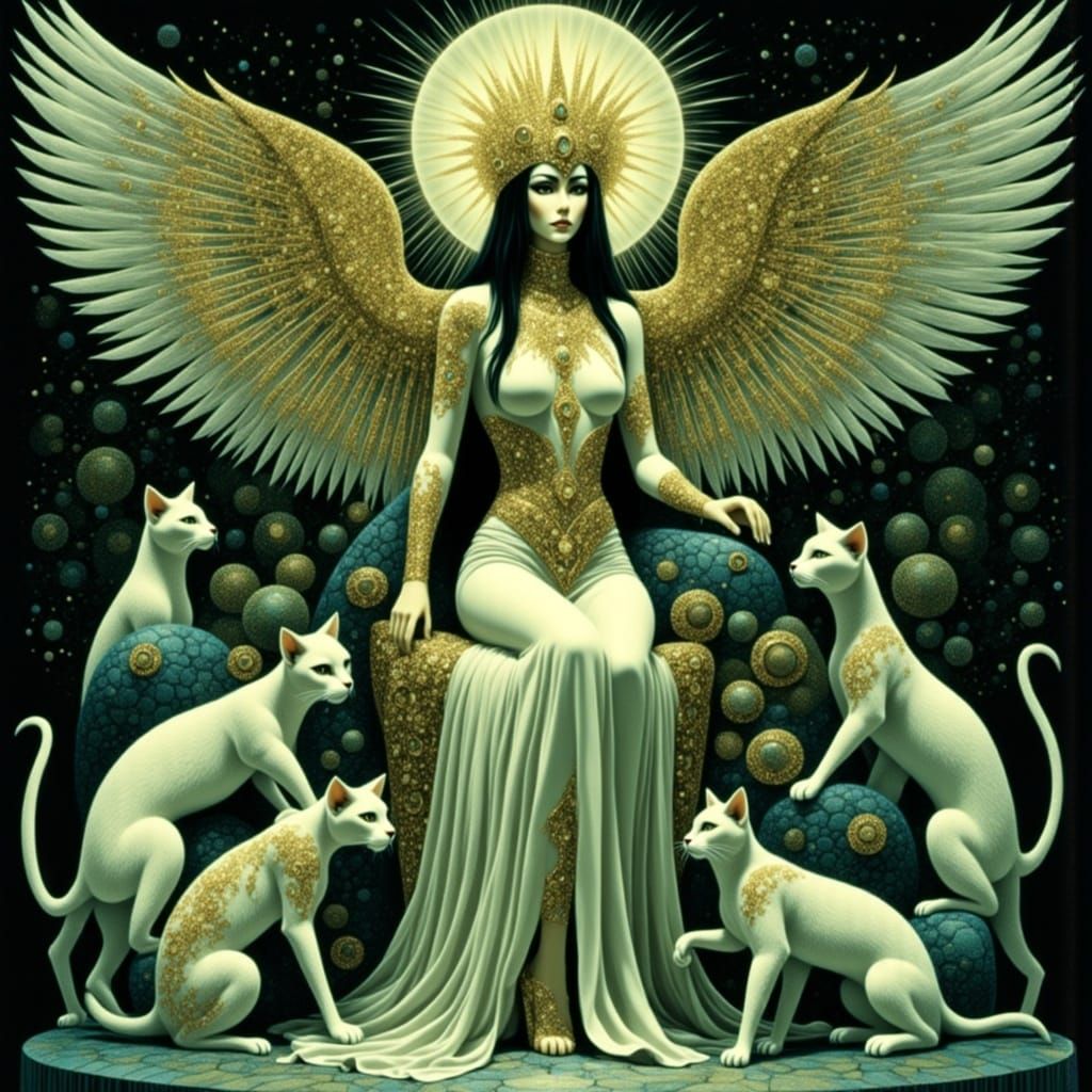 Mystical Cats Worship Winged Ophanim in Ethereal Rothko Styl...