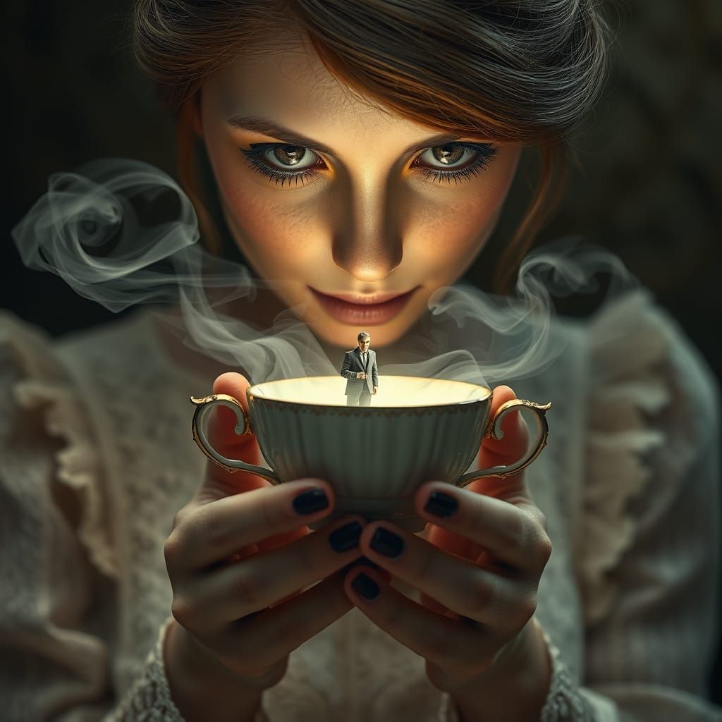 Woman Gazing into Teacup Sees Ethereal Man