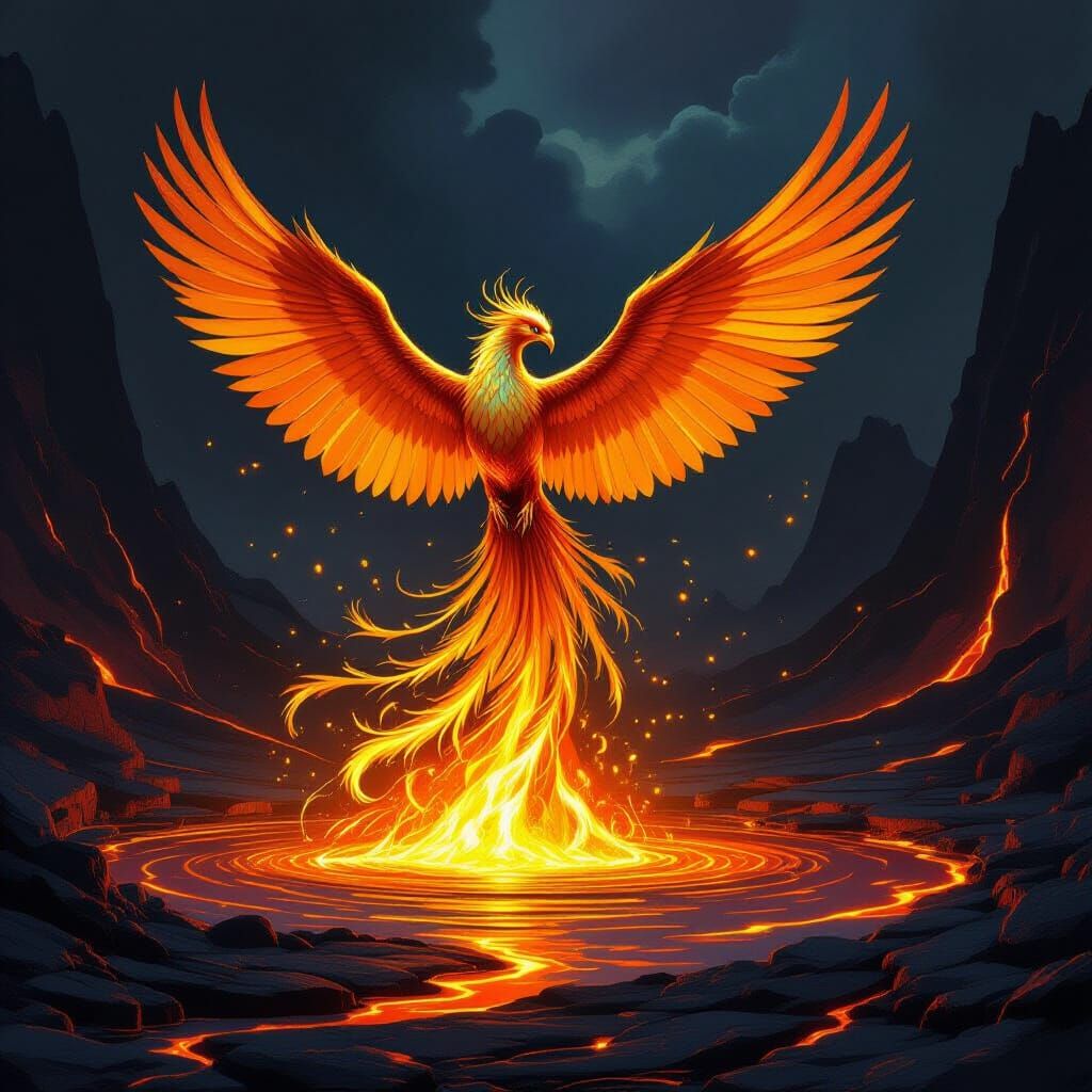 Majestic Phoenix Rises From Molten Gold in Fantasy Art Style