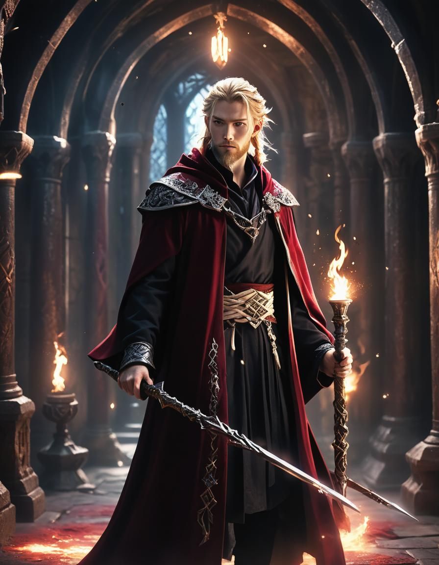 Handsome Wizard with Crystal Staff in Anime Style