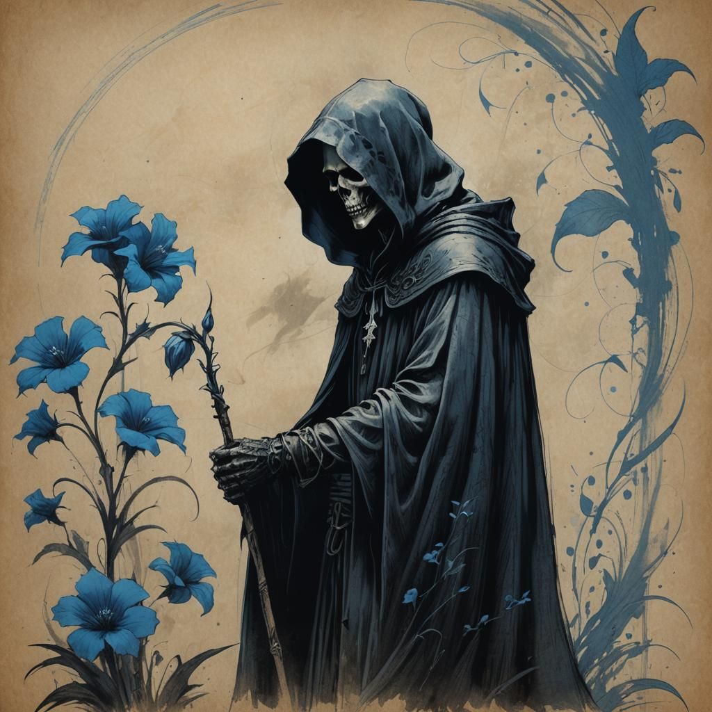 Grim Reaper with Blue Flower Charcoal Sketch