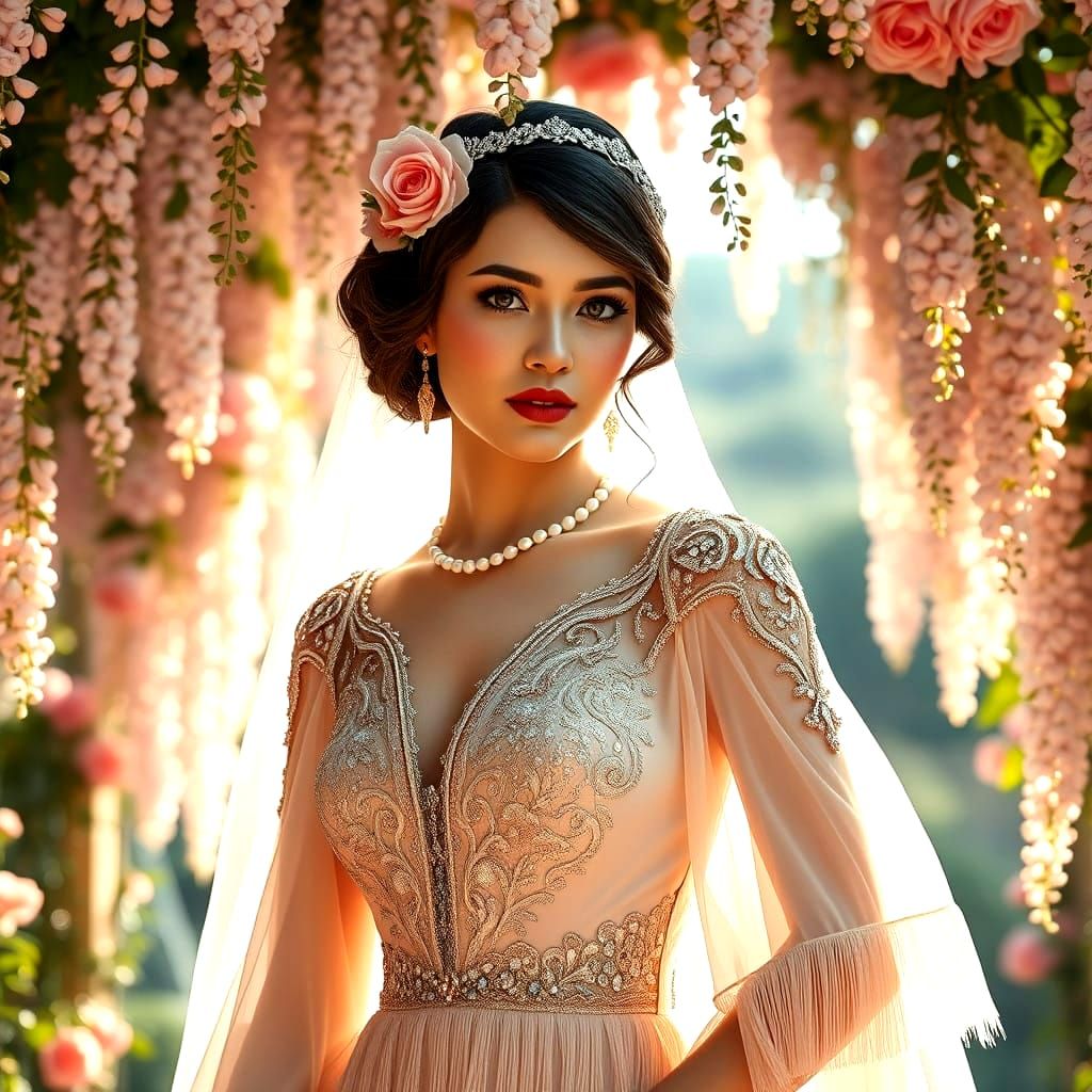 Glamorous 1920s Bride in Beaded Wedding Dress Under Wisteria