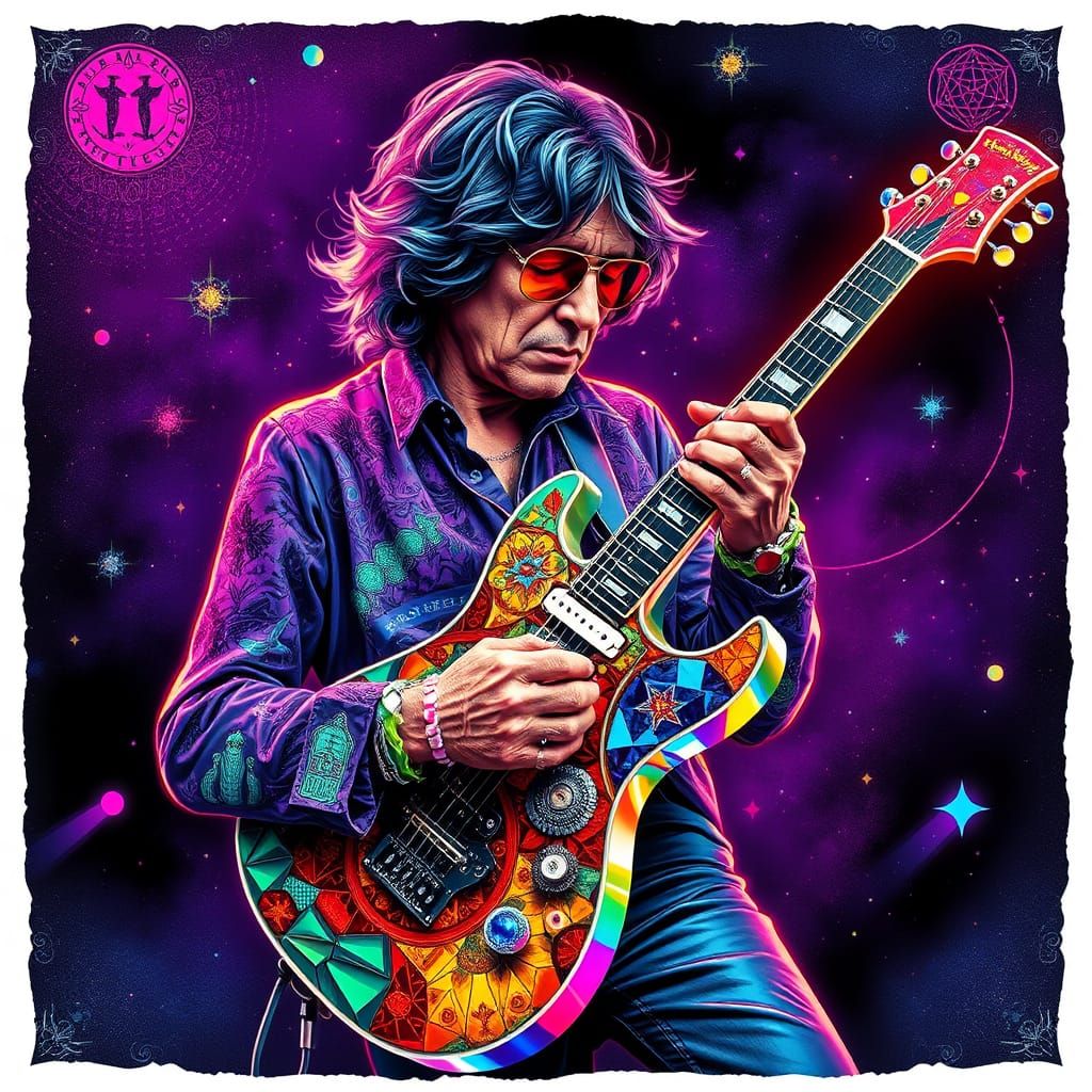 Psychedelic Rockstar Inside a Colorful Crystal Guitar