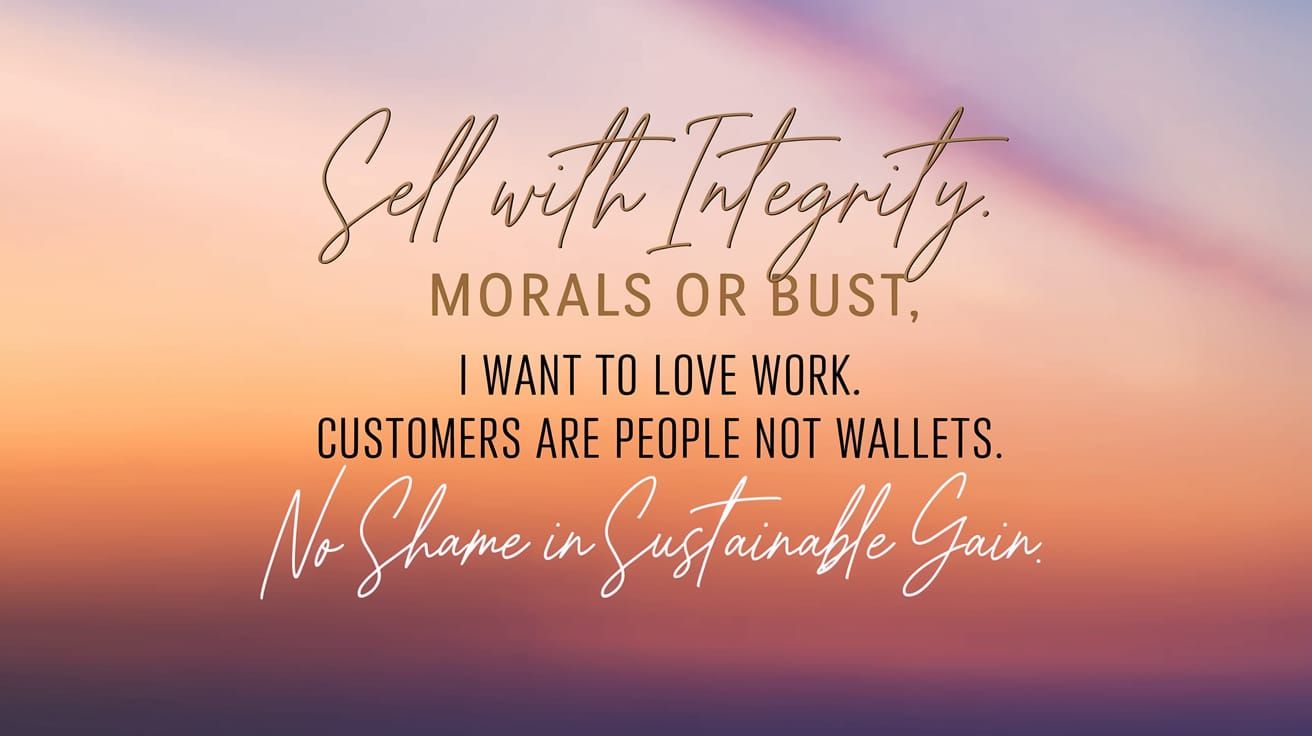"Sell With Integrity" "Morals Or Bust" "I Want To Love Work" "Customers Are People Not Wallets", "No Shame In Sustainabl...