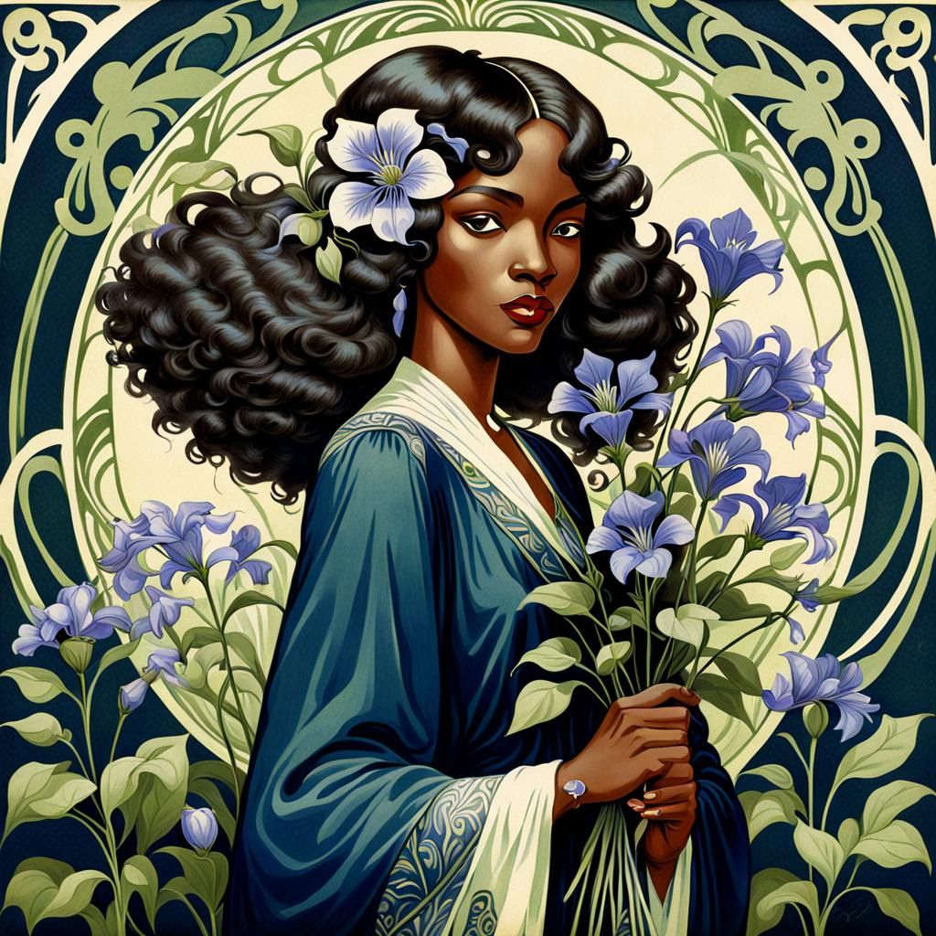 Art Deco Black Woman with Bellflower