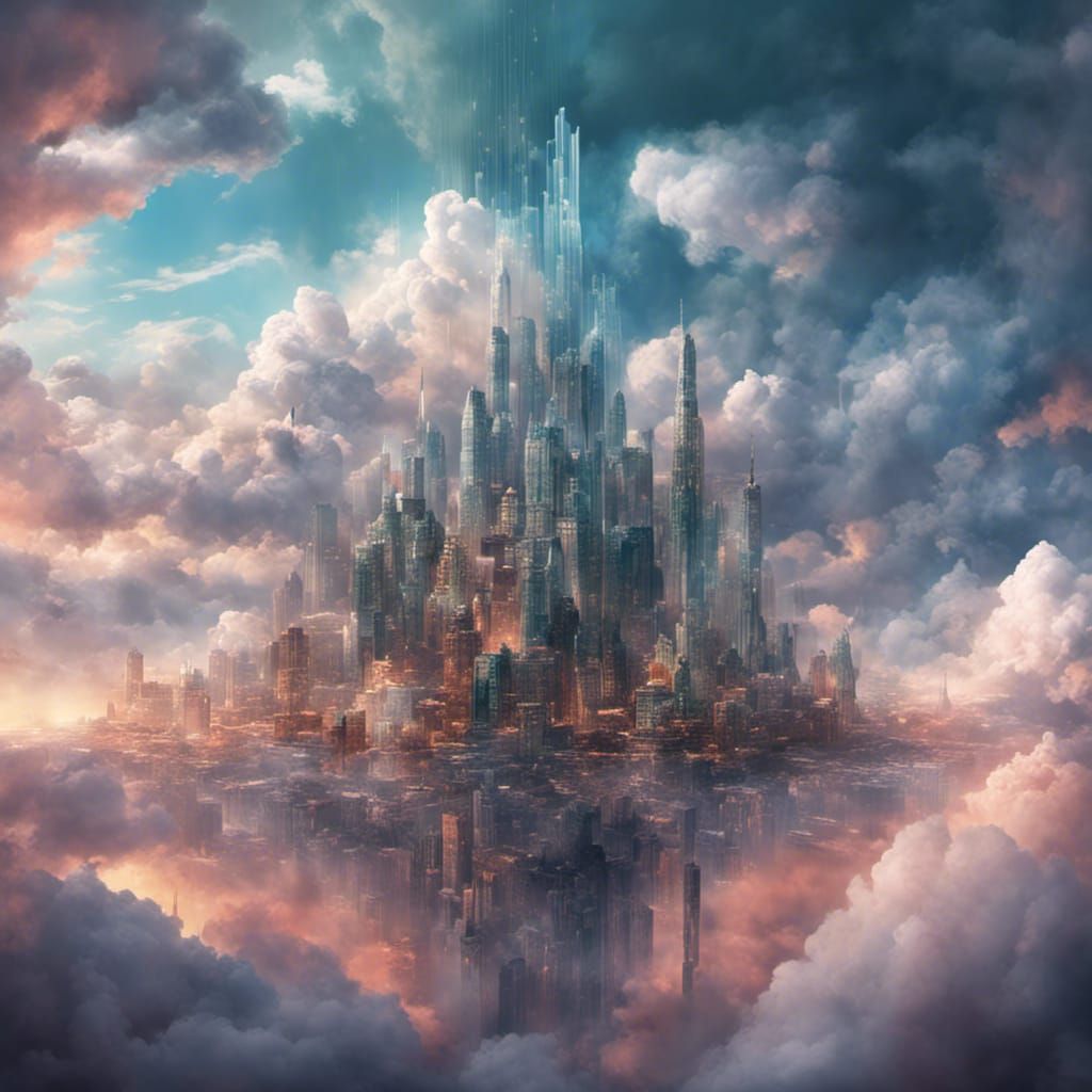 a city of glass and crystal nestled amidst billowing clouds,...