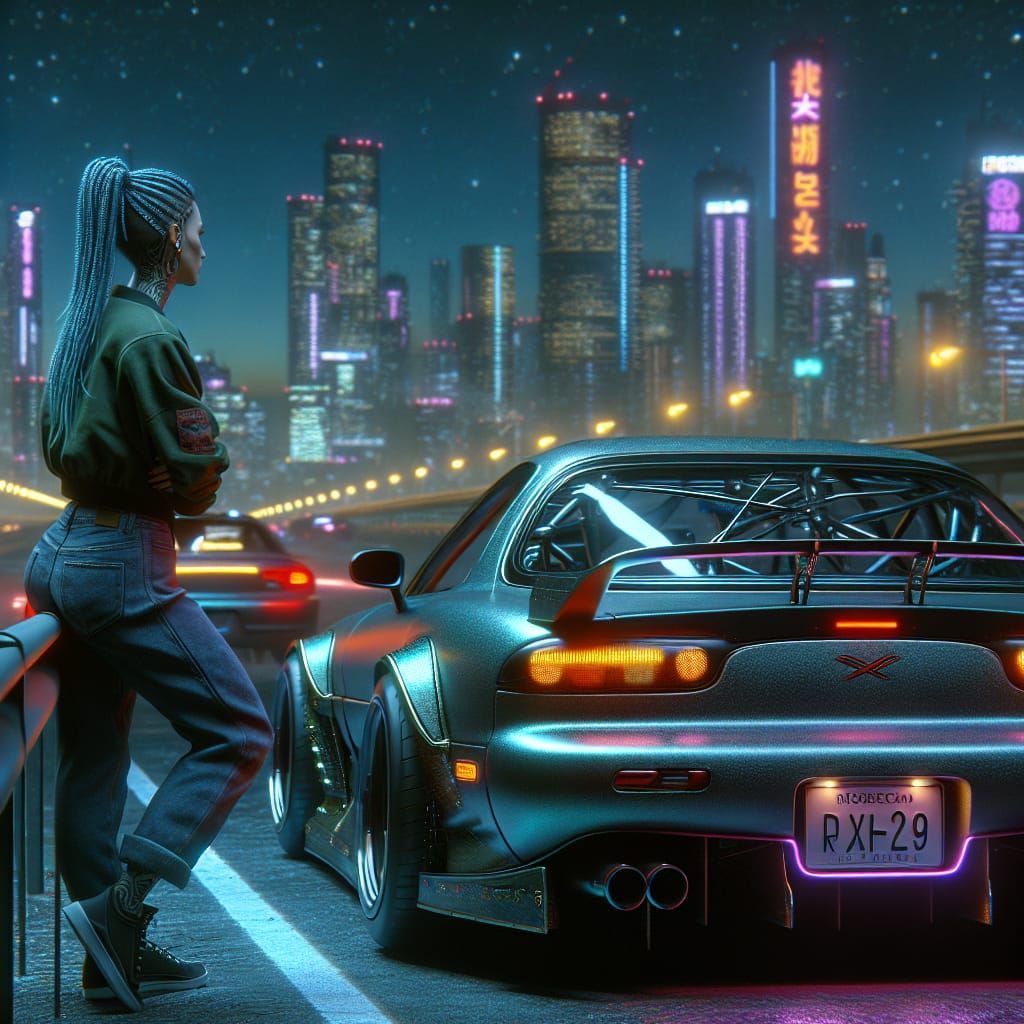 Hyperrealistic Cyberpunk Woman at Street Race