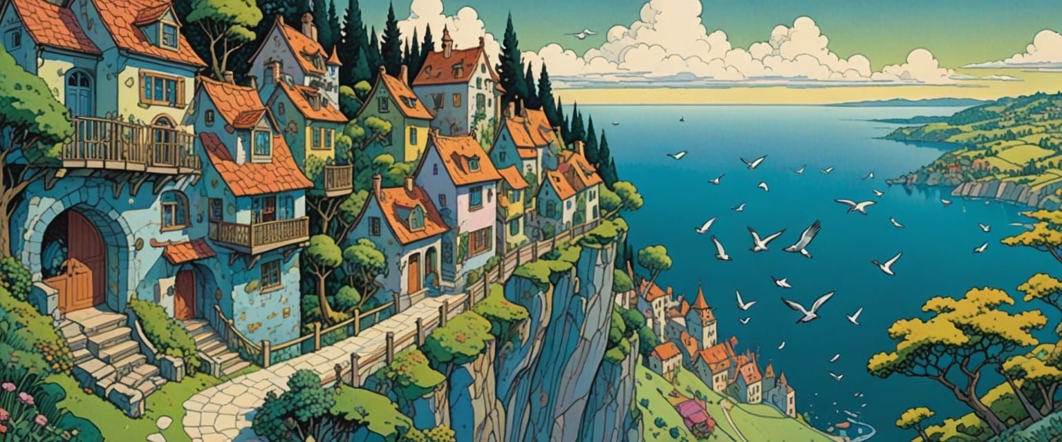 Whimsical Lakeside Village in Spring: Naive Folk Art