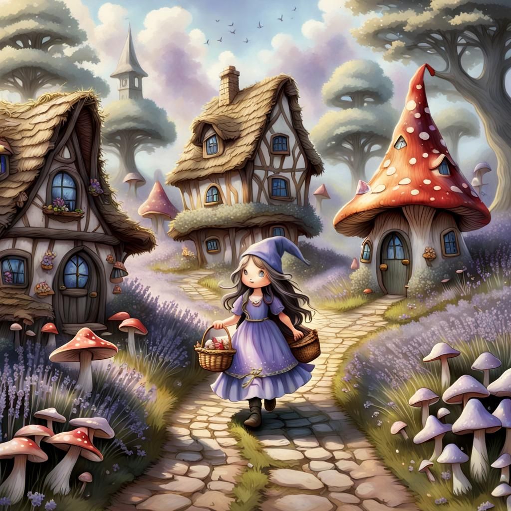 Gnome Girl in Magical Mushroom Field