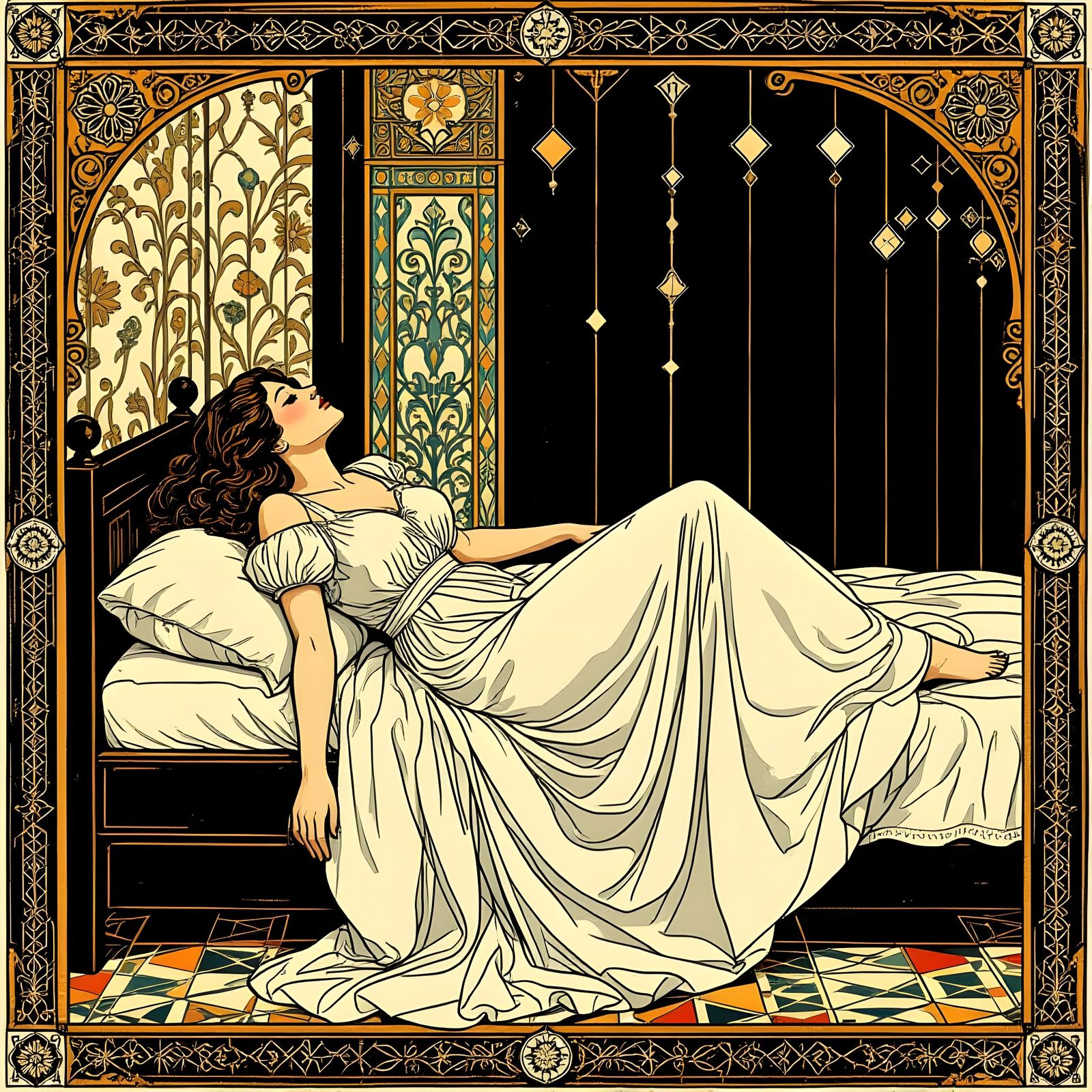 Woman in Flowing Dress with Geometric Patterns