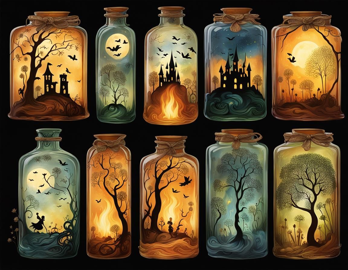 Miniature Worlds in Glass Bottles: AI Art