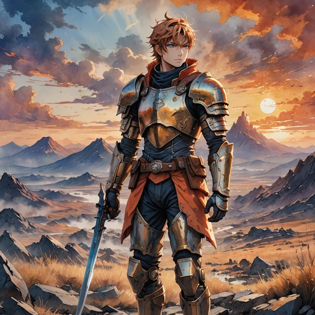 Melancholic Hero in Desolate Landscape: Anime Watercolor