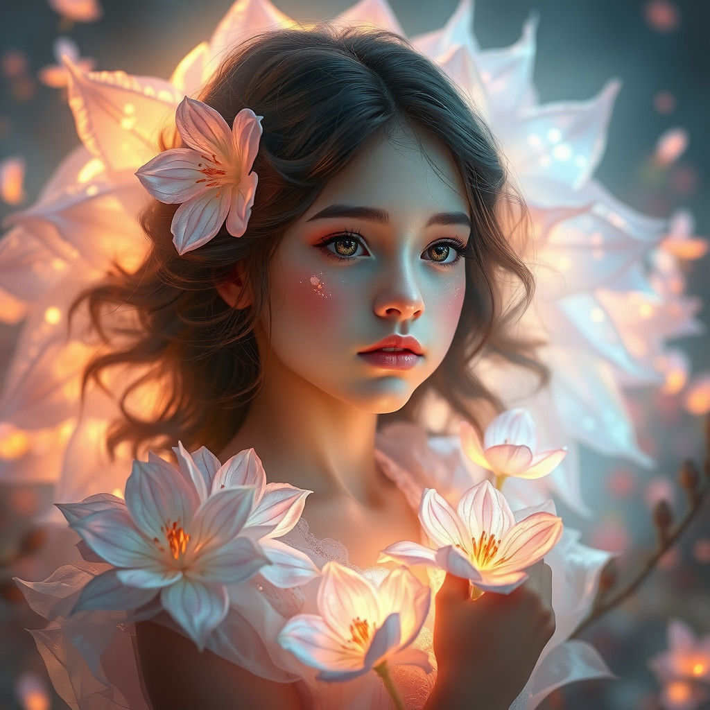 Luminous Flower Girl Portrait in Art Nouveau Style