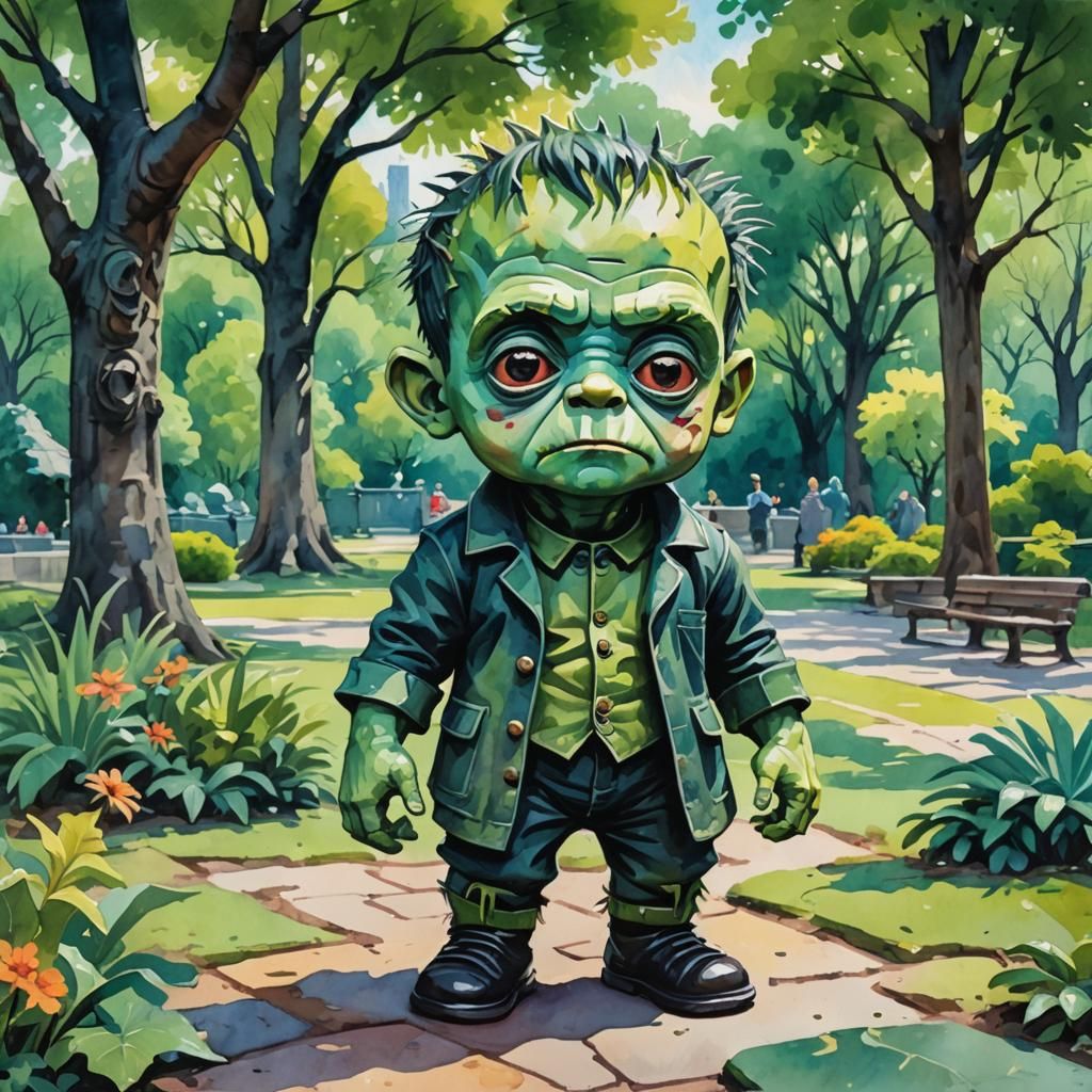 Kawaii Frankenstein's Monster in Park, Gouache Style