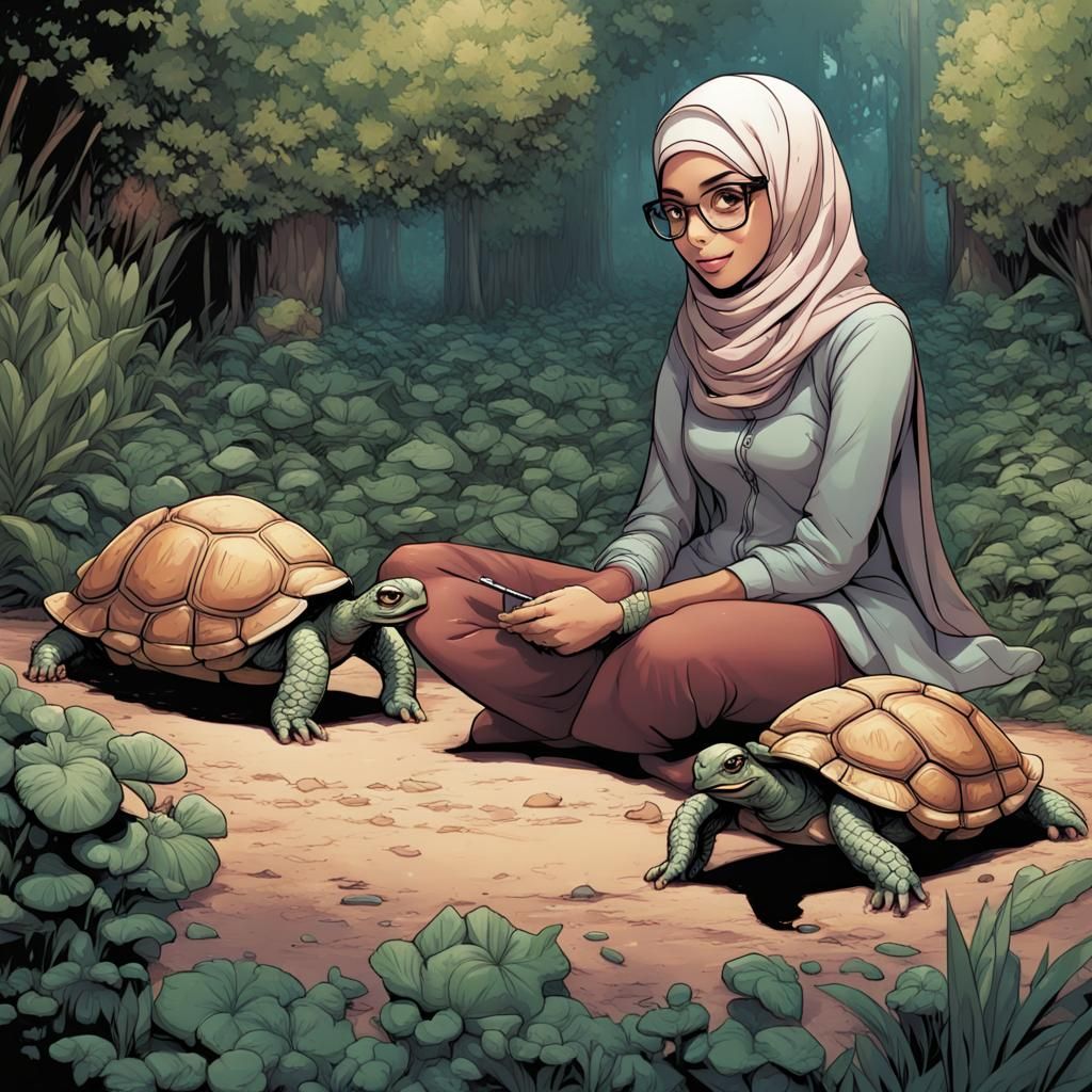Muslim Girl with Turtles in Comic Book Art Style
