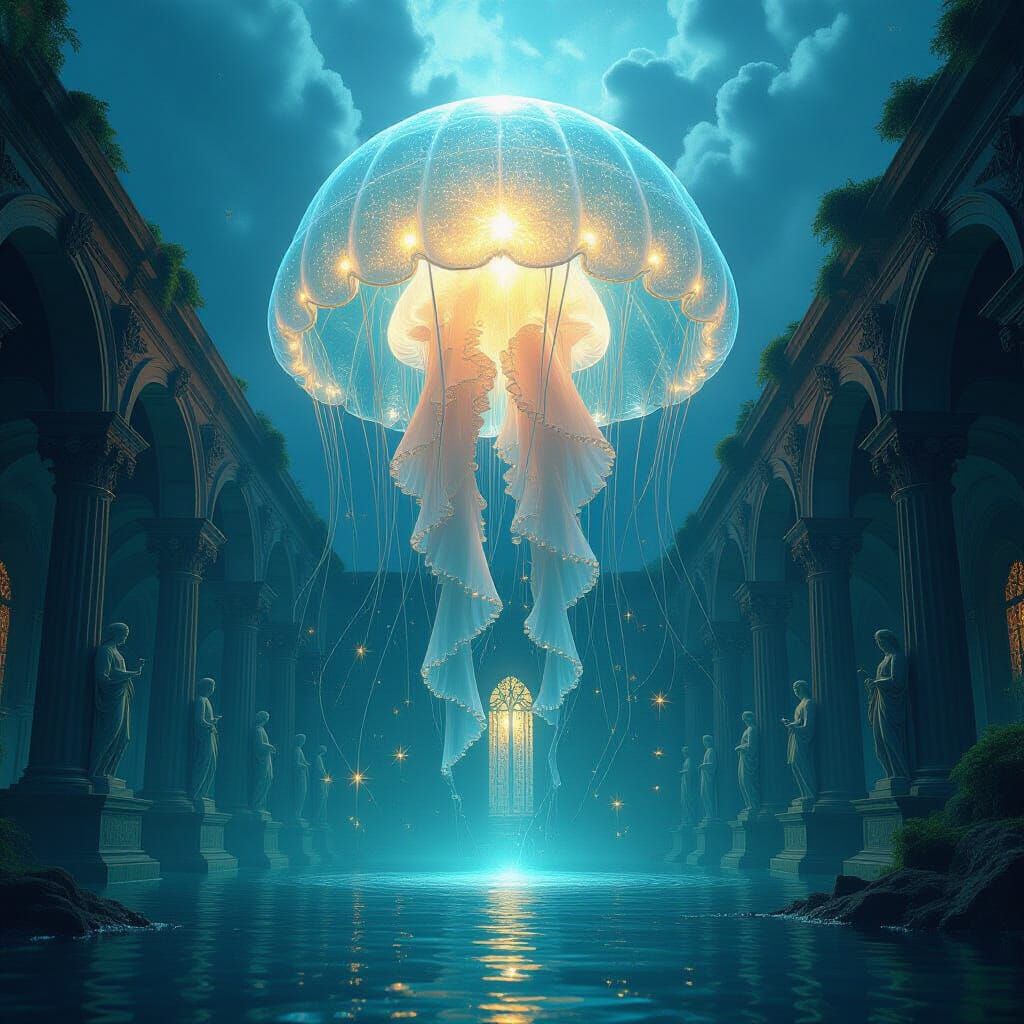 Bioluminescent Jellyfish Deity Over Flooded Cathedral