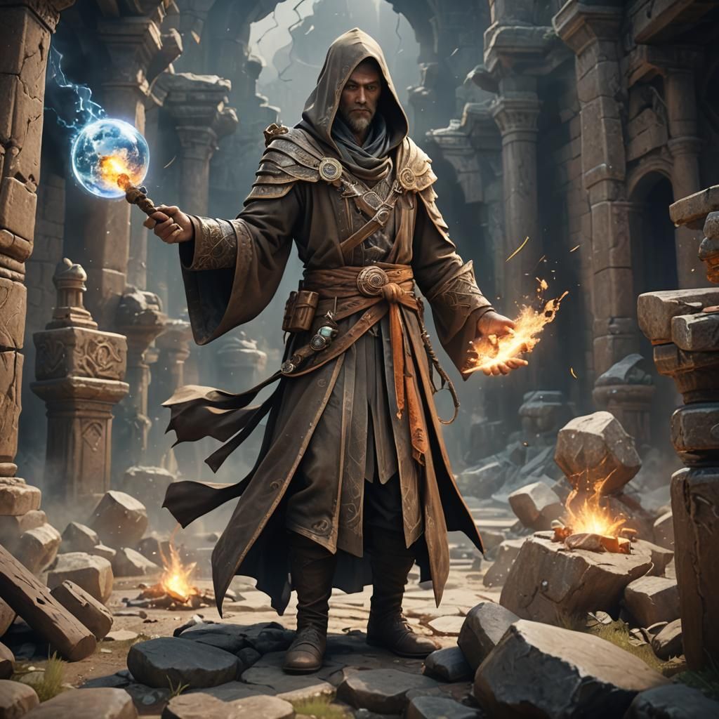 Earth Mage Casting Earthquake Spell as 3D Render