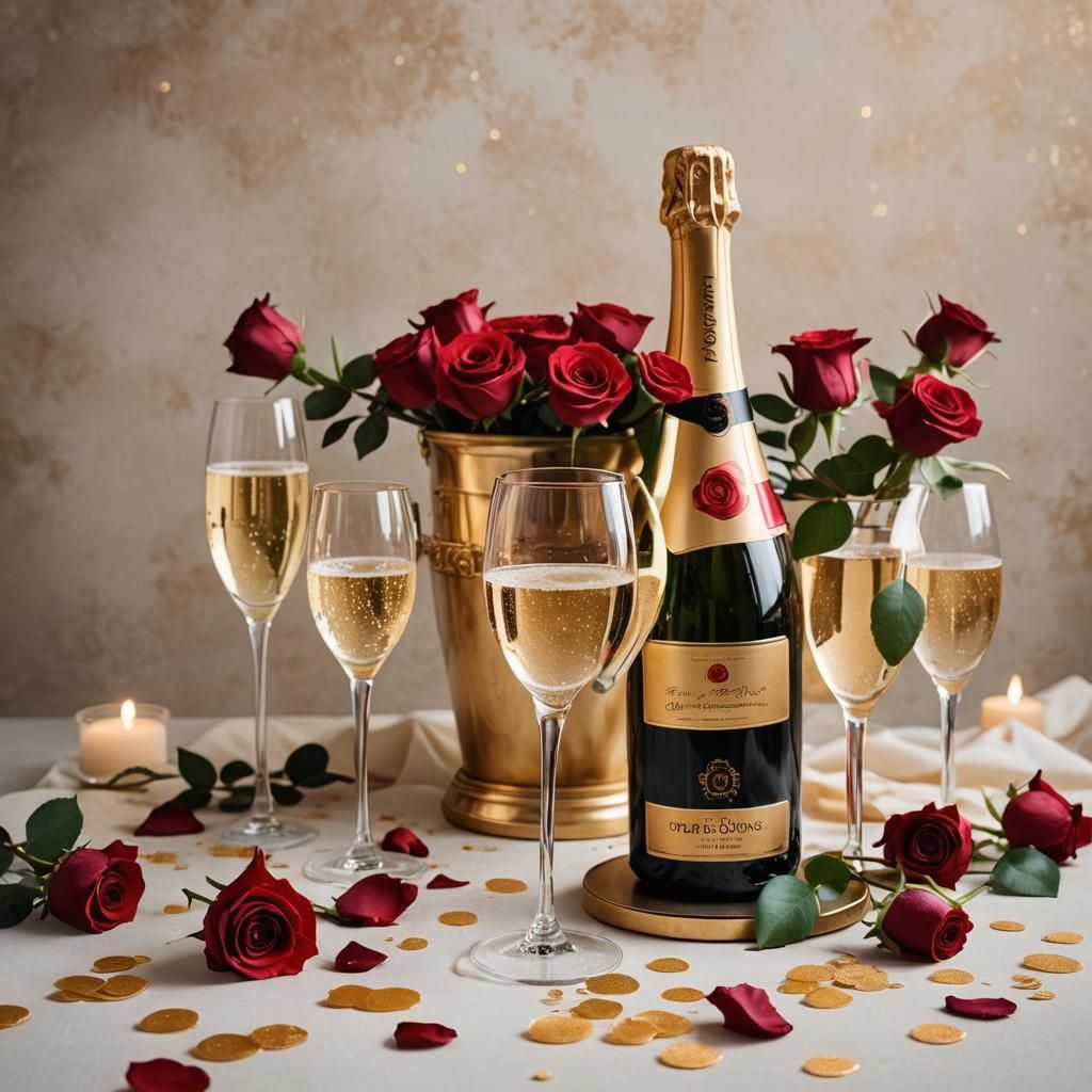 Elegant Champagne and Roses Still Life Photography
