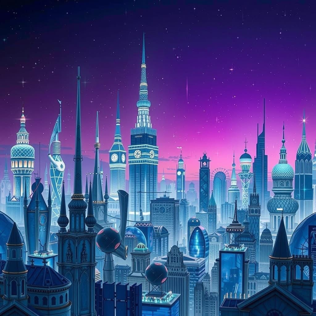 Celestial Metropolis in Blue Glass and Purple Twilight