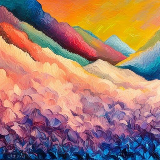 Misty Mountain Landscape in Expressionist Impasto Style